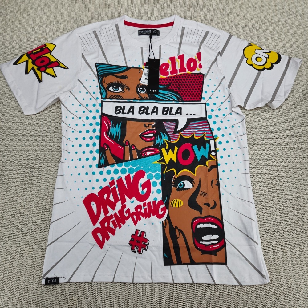 Contender Shirt Mens Large White Comics AOP All Over Print Hip Hop Streetwear